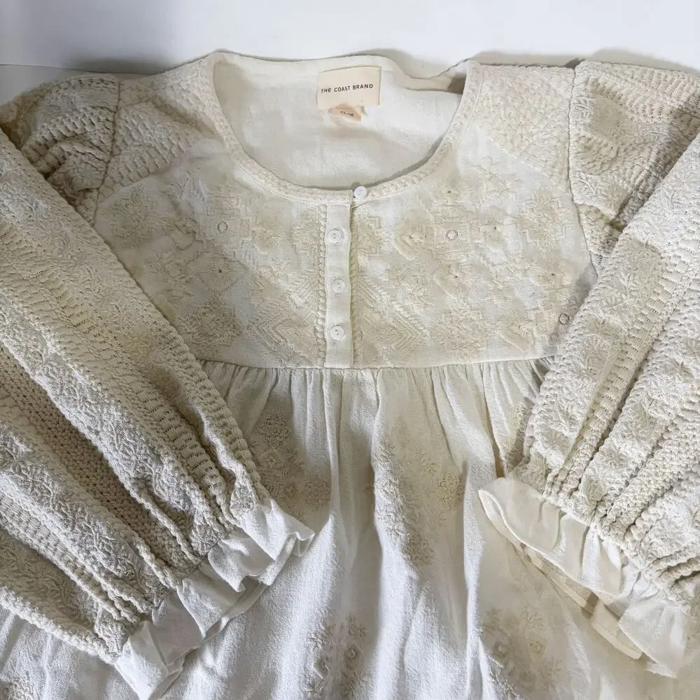 THE COAST BRAND Leela 100% Cotton Embroidered Peasant Blouse Top Size S
